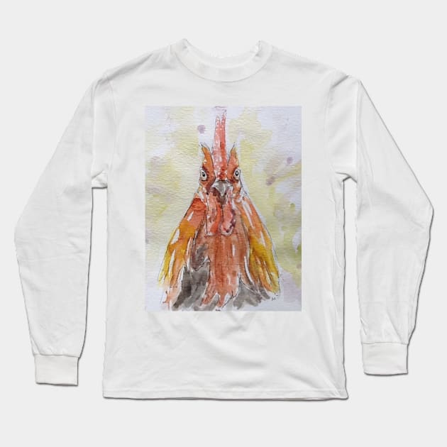 Red Rooster portrait Long Sleeve T-Shirt by DebTheZeb